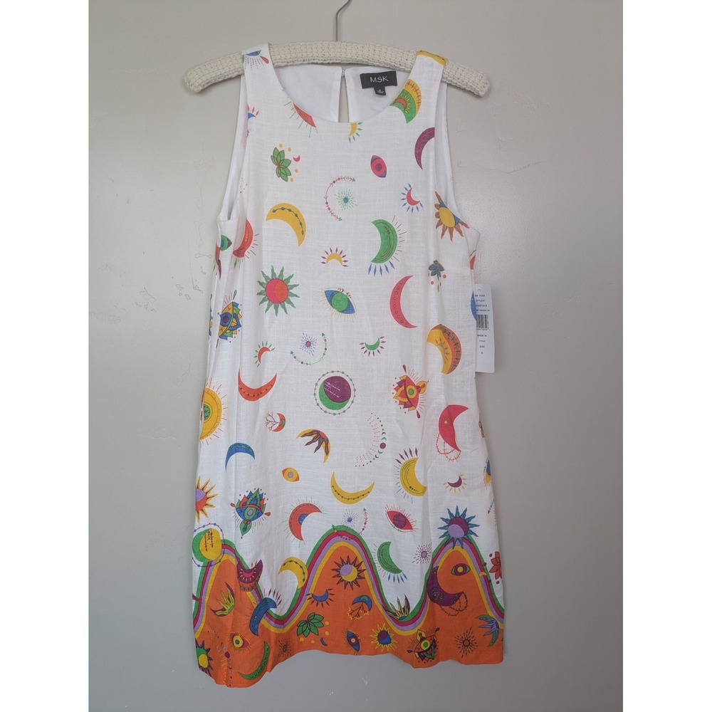 NEW MSK Shift Dress Women's S White Orange Celestial Sun Moon Linen Blend